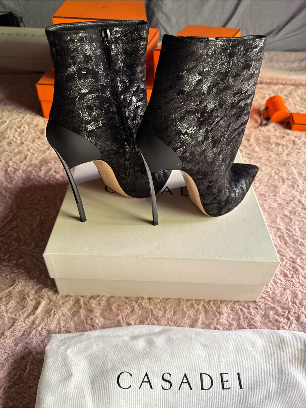 Casadei Black Lace-Effect Velvet Stiletto Ankle Booties